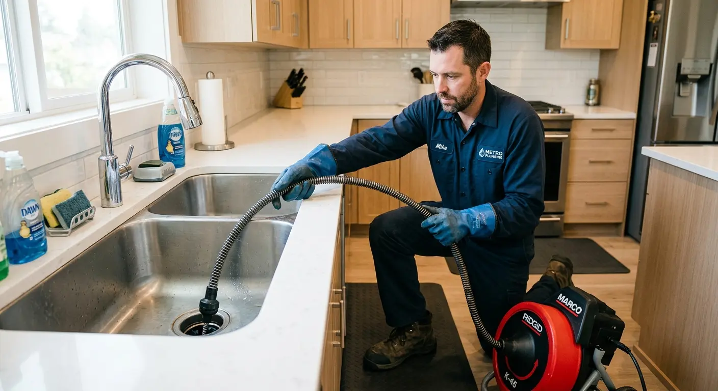 Drain cleaning technician using a motorized snake on a kitchen sink in Sutton