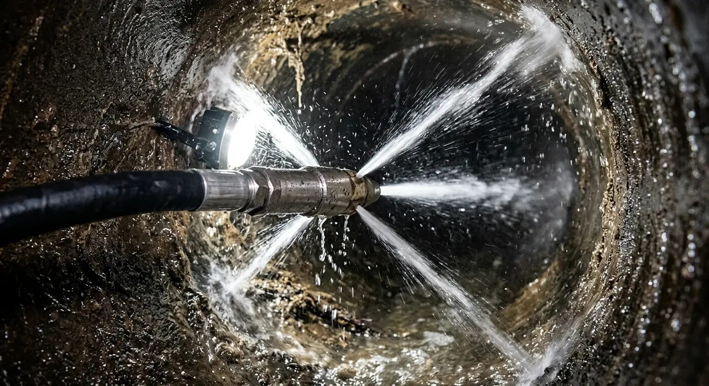 High-pressure hydro jetting nozzle cleaning sewer pipe for Trenchless Sewer Repair in Sutton
