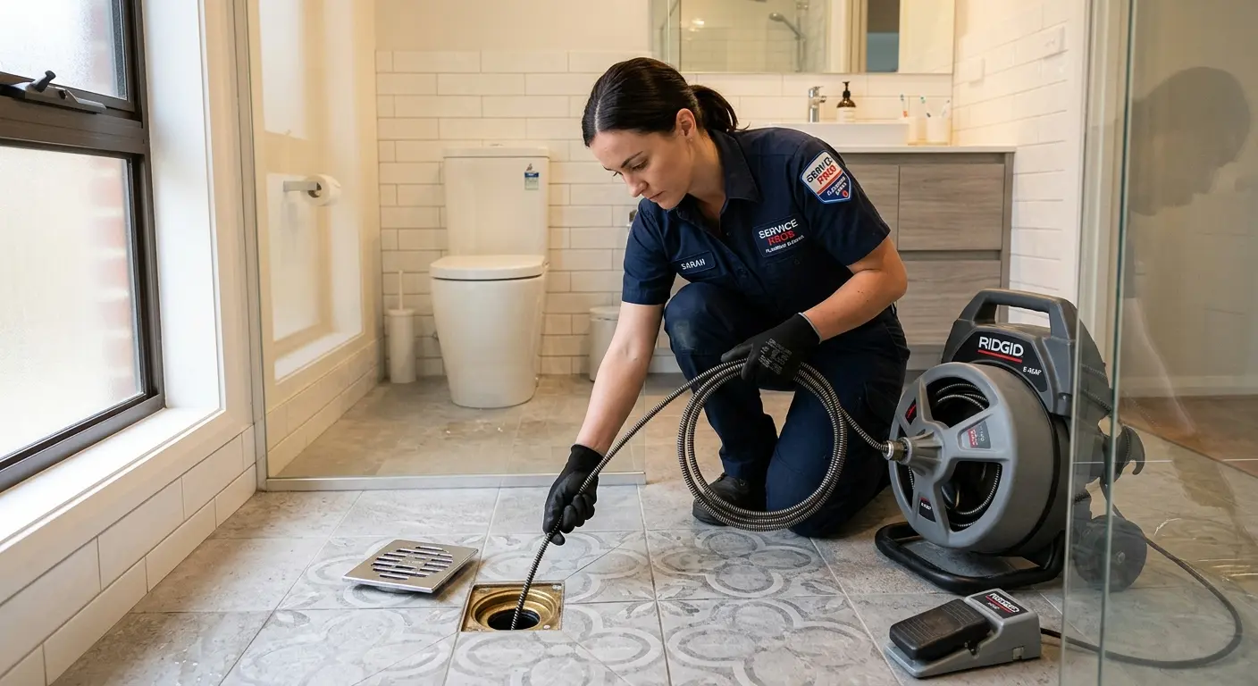 Technician clearing a bathroom floor drain for Hydro Jetting in Sutton